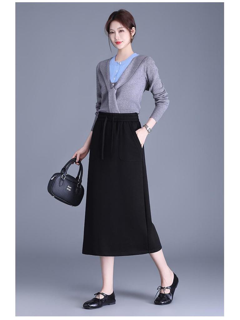 Slimming Draped Black Midi Skirt - Spring/Summer 2026 Collection, Elastic Waist, Casual Fit
