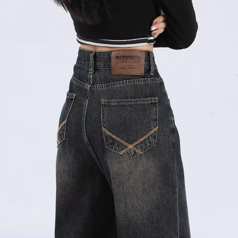 Women's Plus Size Dark Washed Wide-Leg Jeans with Zipper - Retro Style for Spring and Autumn