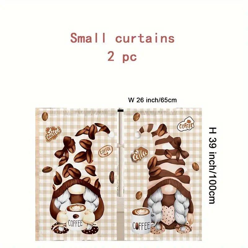 

Set Of 2 Coffee Colored Checkered Christmas Dwarf Print Curtains Pole Bag Home Decoration Room Curtain Polyester W100*H70(CM)-Hooks&2PCS