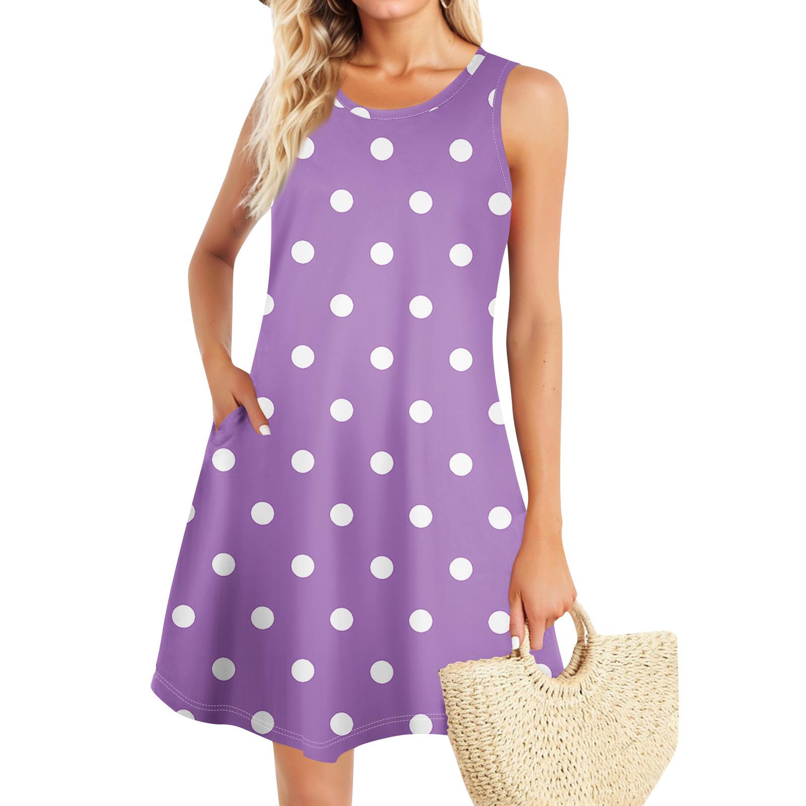 

Summer Dresses For Women Beach Boho Sleeveless Vintage Printing Flowy Pocket Tshirt Tank Sundresses XL фіолетовий