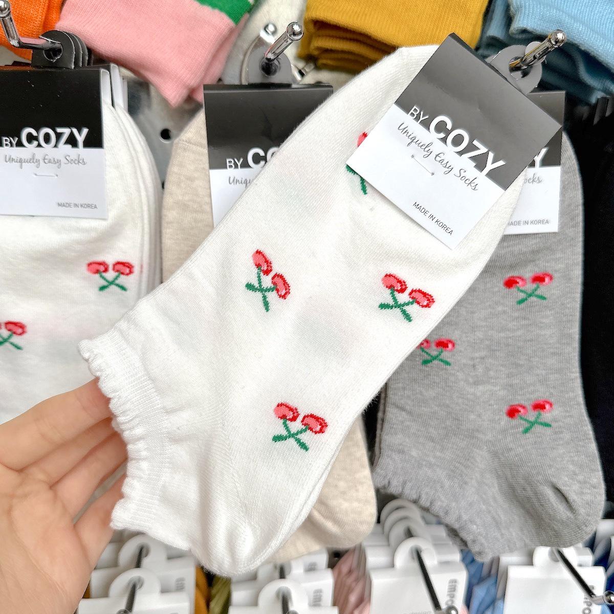 Cherry Ruffle Korean Women s Spring Socks - Academy Style Short Design One Size белый