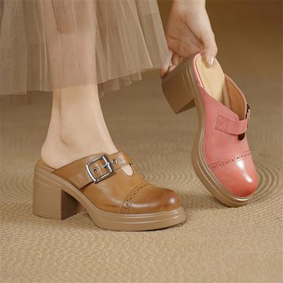 Fashion New Summer Slippers Genuine Leather Slippers for Women Fashion Brogue Mules Round Toe High Heels Cover Toe Slippers Sandals