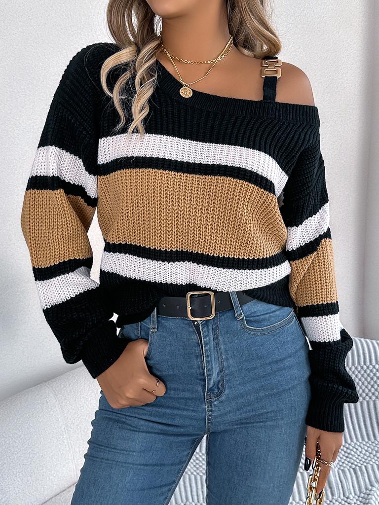 Women Casual Clashing Stripes Lantern Sleeves Autumn Winter Metal Button Shoulderless Pullover Warm Sweater