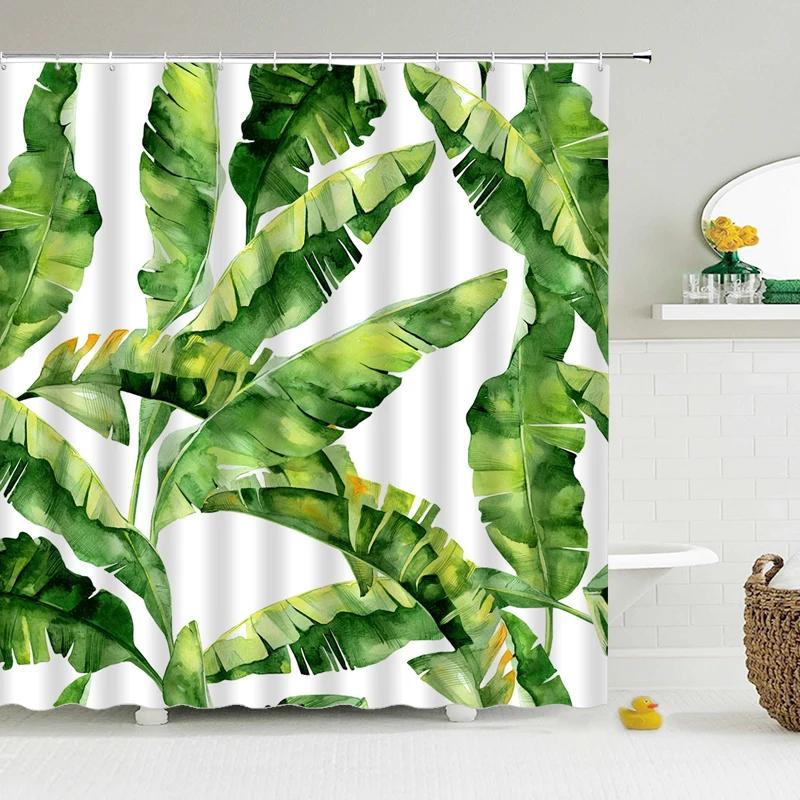 3D Fresh Green Plants Leaf Print Nordic Style Shower Curtain Set Hook Natural Flower Leaves Home Decoration Bathroom Curtains