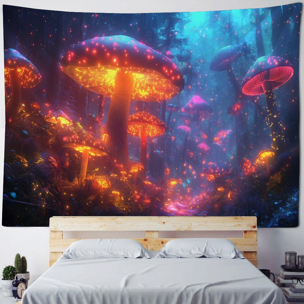 Psychedelic Mushroom Tapestry Fantasy Starry Forest Landscape Art Wall Hanging Mandala Boho Room Decor Yoga Mat Sheet