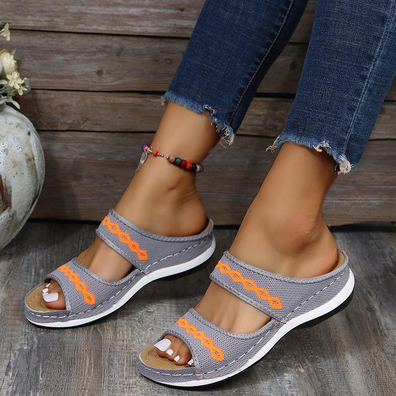 Women's Low-Heel Fly-Knit Embroidered Slip-On Sandals - Plus Size Available