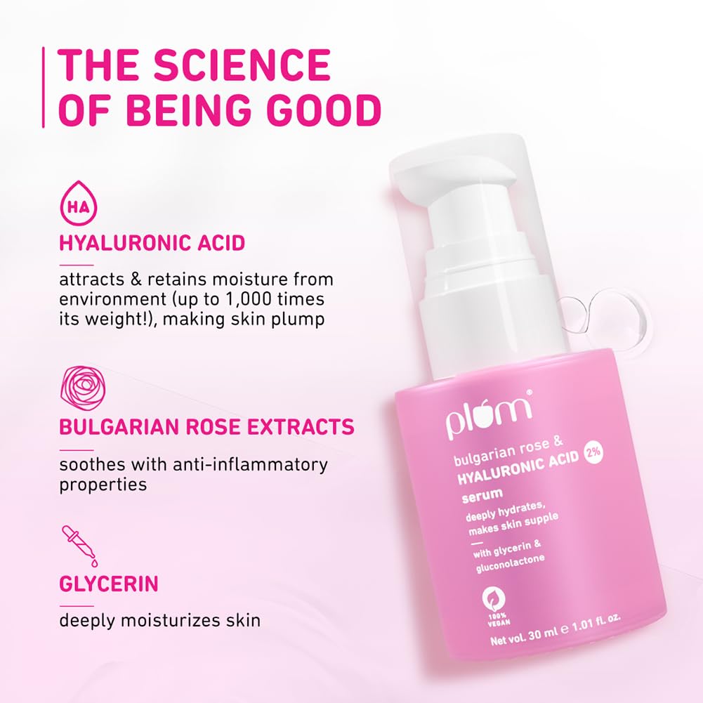 Plum 2% Hyaluronic Acid Serum with Bulgarian Rose 30 Ml | Hydrating Face Serum for Plump, Bouncy Skin Daily Use