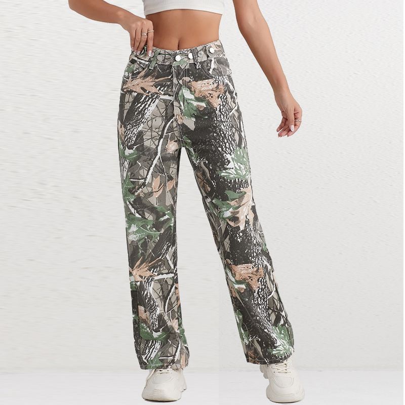 Puffanpop Women's Jeans Camouflage Cargo Pants Straight Wide Leg Jeans High Waisted Casual Jeans