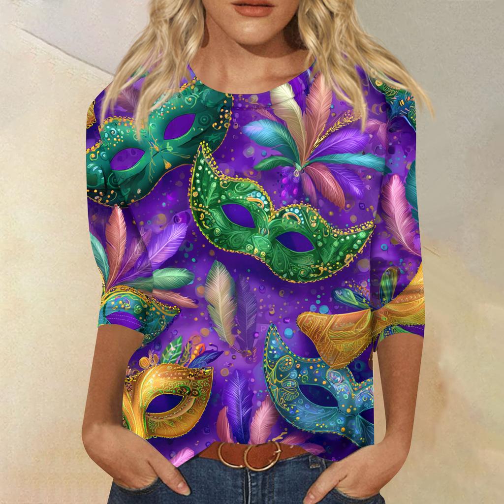 Women's Fashion Casual Round Neck Three-quarter Sleeve Carnival Print T-shirt Top
