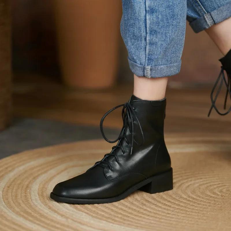 

Осенние новые женские ботинки на толстом каблуке с низким носком, модные ботинки со шнуровкой, винтажные короткие ботинки из коровьей кожи, весенние и осенние одинарные ботинки 34 чёрный