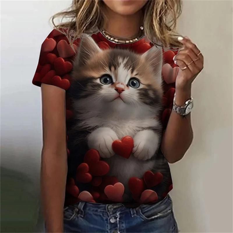 Fashion Women's T-shirt 3D Printed Kawaii Cat Pattern Short Sleeved Round Neck Top Summer Outdoor Casual Street Simple Clothing