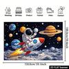 2D planar space exploration theme background fabric with the central part showing a person wearing a white spacesuit