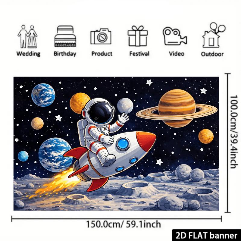 2D planar space exploration theme background fabric with the central part showing a person wearing a white spacesuit