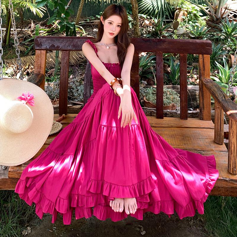 High-end Design Romantic Seaside Wear Pinch Waist Suspender Dress Women's Summer Sanya Travel Dress
