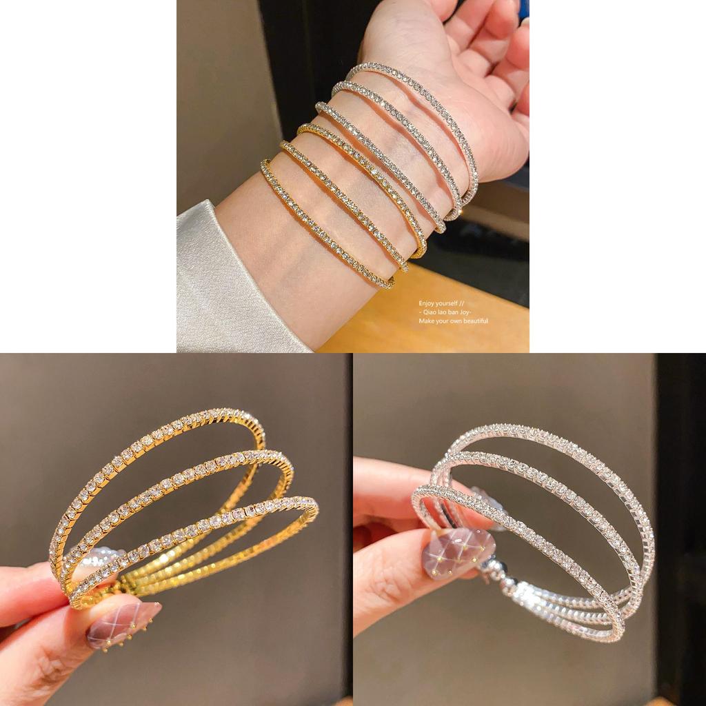 Minimalistisches dreilagiges Armreif-Armband mit Diamant-Inlay aus Kupfer für Damen