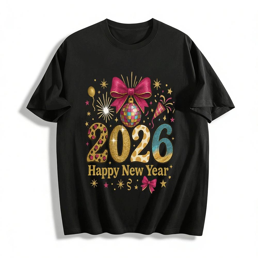 2026 Happy New Year Graphic Tee Animal Print Festival Holiday Top Pure cotton T-shirt XXS