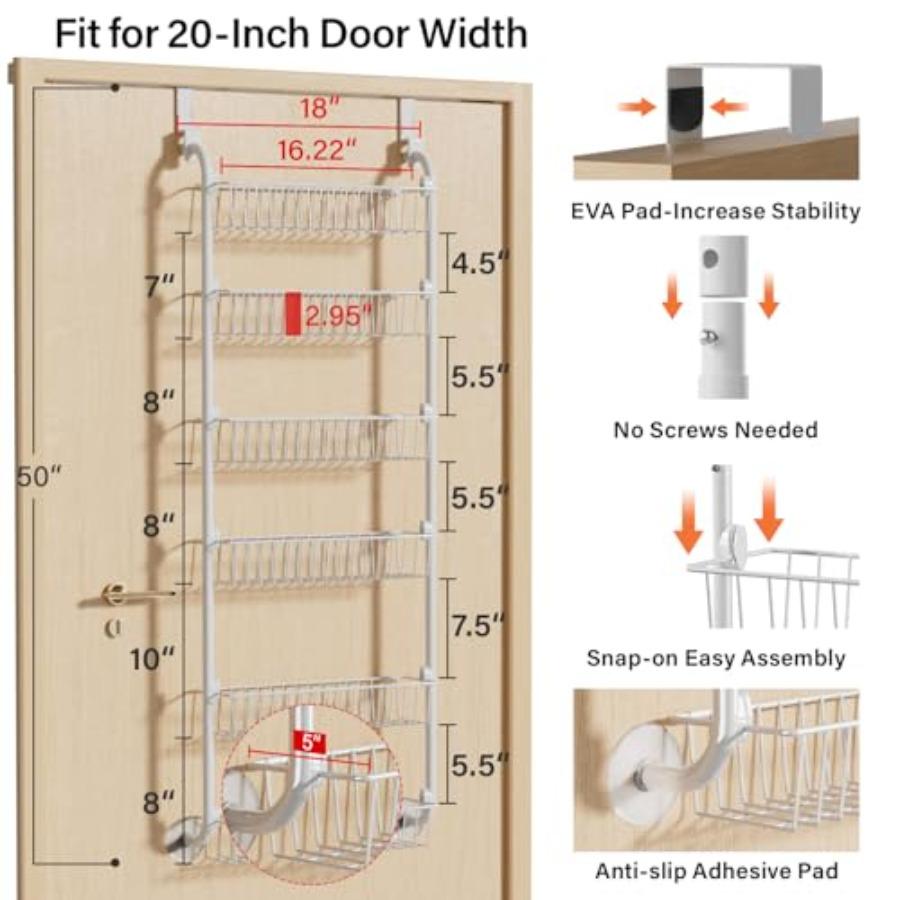 Over the Door Pantry Organizer 6-Tier Metal Cabinet Door Organizer Hanging Spice Rack Shelves for Kitchen Storage White D5 X W1