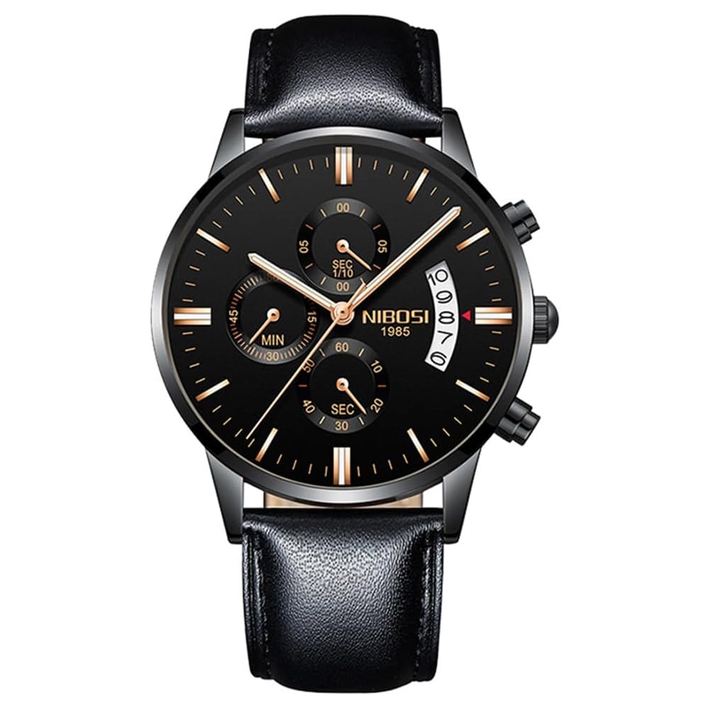 Nibosi Men s Chronograph Watch Black Leather Band Waterproof Business Casual Big Face