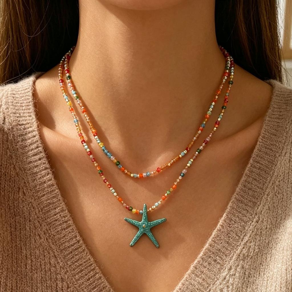 Autumn and winter color imitation crystal starfish necklace, bohemian woven beaded double-layer collarbone necklace for women
