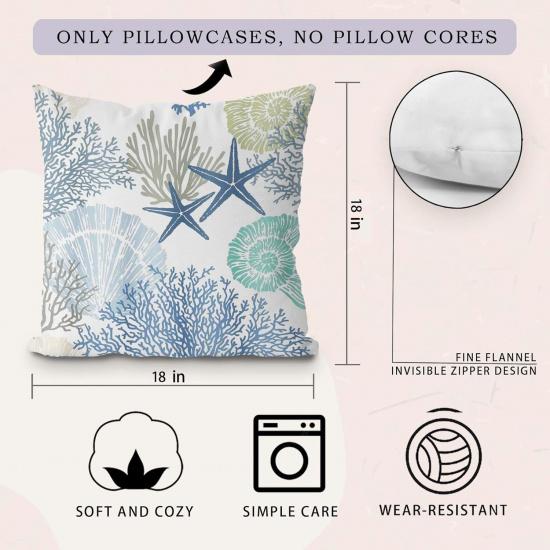 Coastal Beach Pillow Covers 18x18, Ocean Beachy Themed Room Decor, Coral Starfish Seashell Ocean Beach Decorative Throw Pillow Covers for Home Living
