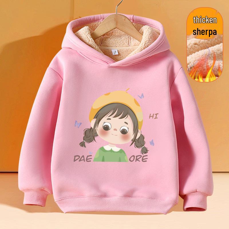 Girls' Plus Velvet Lambswool Hooded Sweatshirt - Warm, Thickened Pullover for Spring 2026 Trend