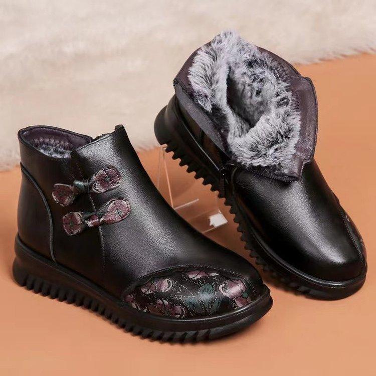 Cotton Shoes Soft Leather Middle-aged and Elderly Women's Shoes Non-slip Elderly Grandma Shoes Velvet Warm Short Boots In Winter