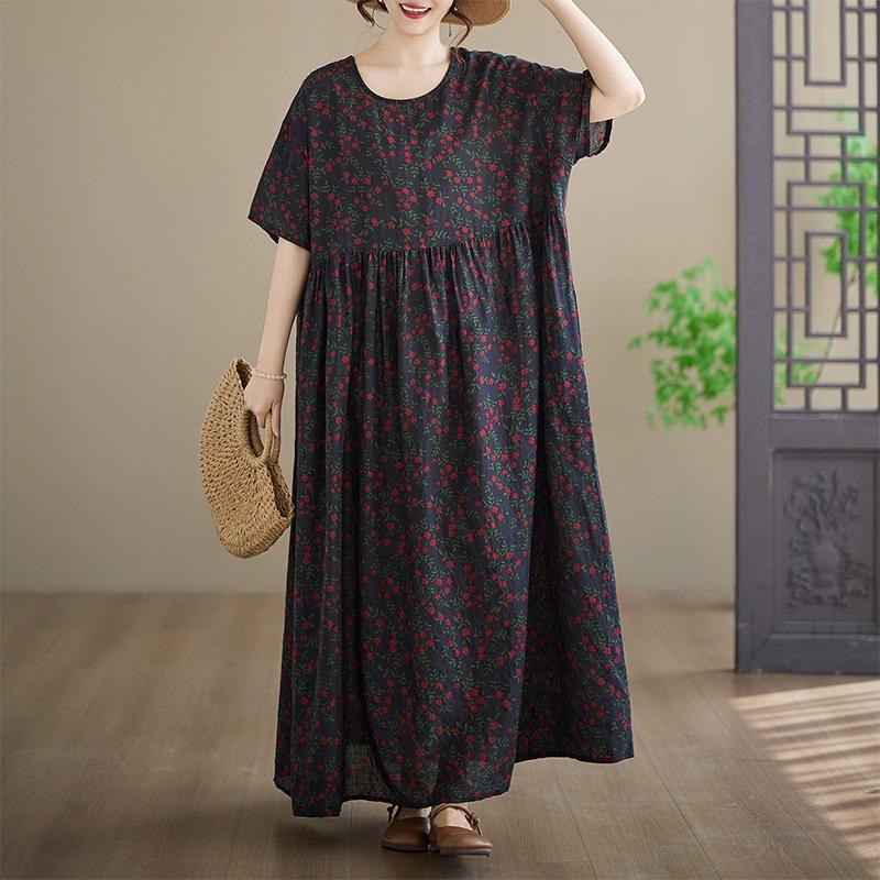 Abito floreale vintage in cotone taglie forti a maniche corte novità per donna casual ampio maxi lungo estivo