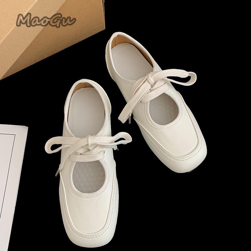 Fashion White French Retro Ballet Flats for Women 2025 Spring Autumn Mary Jane Shoes Low Heel Pumps Lace Up Round Toe Bow Casual Shoes
