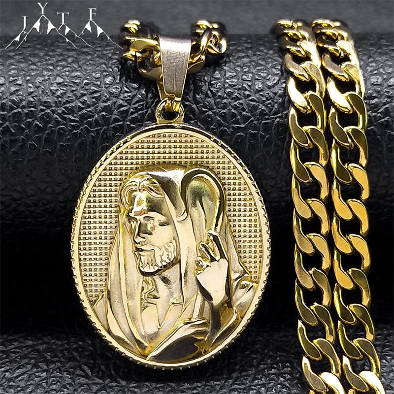 Christliches Jesus Medaillon Halskette für Männer Edelstahl Goldfarbe Religiöse Halsketten Schmuck Geschenk für Freund NZZS05