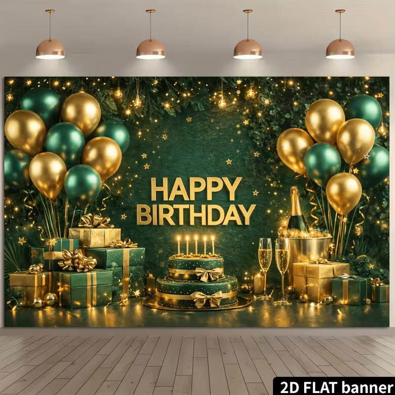 2D Green Gold Birthday Backdrop for Adult Party Photo Background