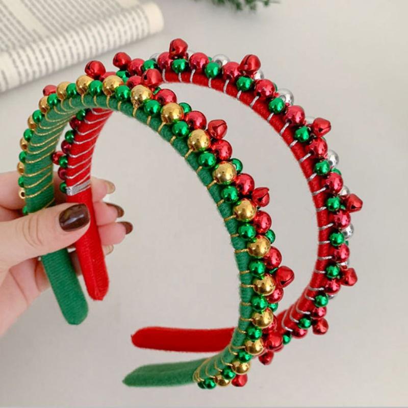 Vianočná čelenka s červenými a zelenými korálkami a zvončekmi Párty čelenka do vlasov pre ženy Vianočná párty Doplnok do vlasov Darček Rekvizita na sviatočné fotenie