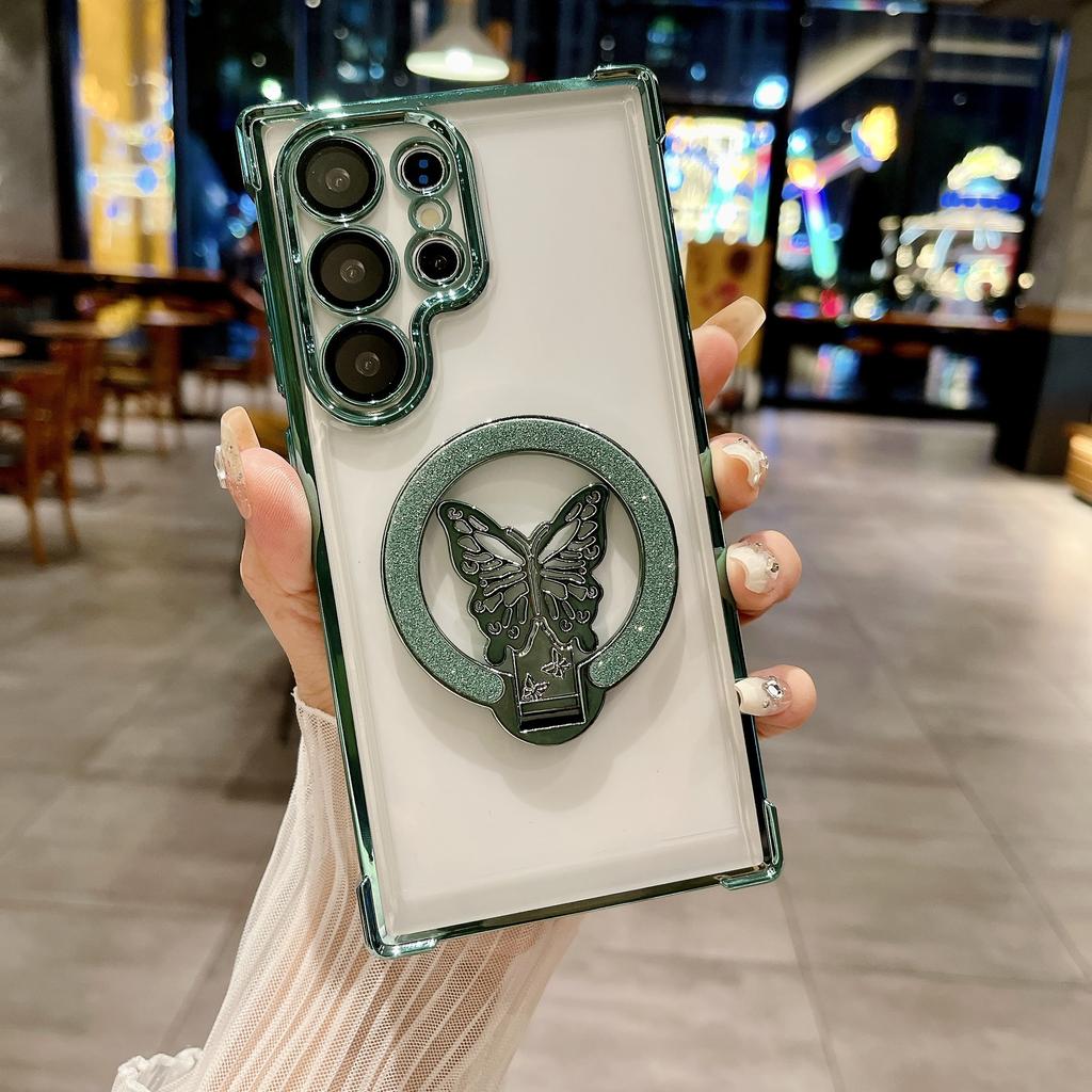 Suitable for Samsung S25 Ultra Mobile Phone Case Flash Powder Butterfly Magnetic Suction Bracket A53 Four Corner Airbag Anti Fall Protection Case