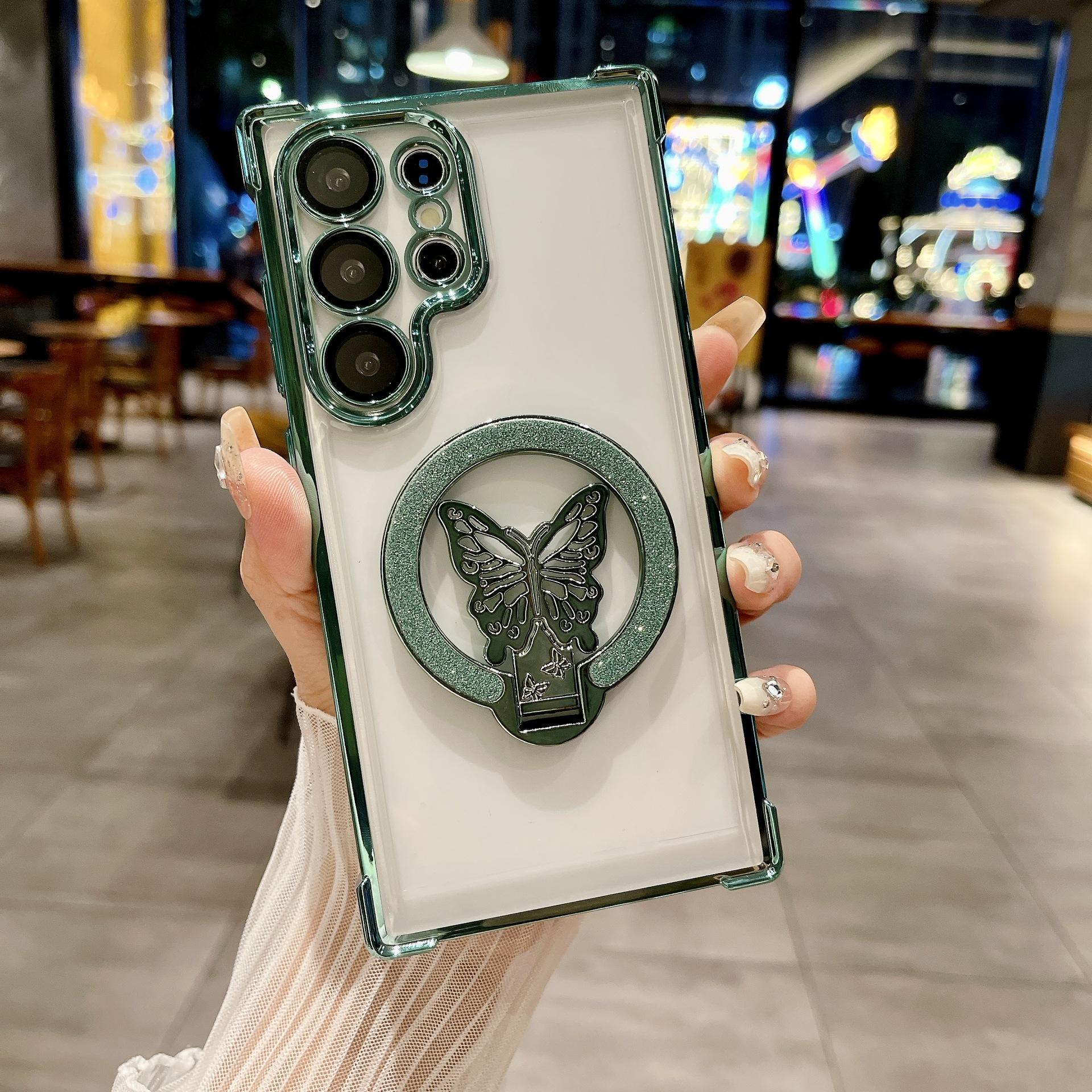 

Suitable for Samsung S25Ultra Phone Case, Featuring A Glitter Butterfly Magnetic Stand A53 Four-corner Airbag Drop Protection Case A05 зелёный