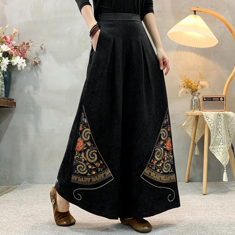 New Chinese Jacquard Ethnic Cotton-Linen Women's Skirt-Pants: Loose, Retro, Wide-Leg Trousers