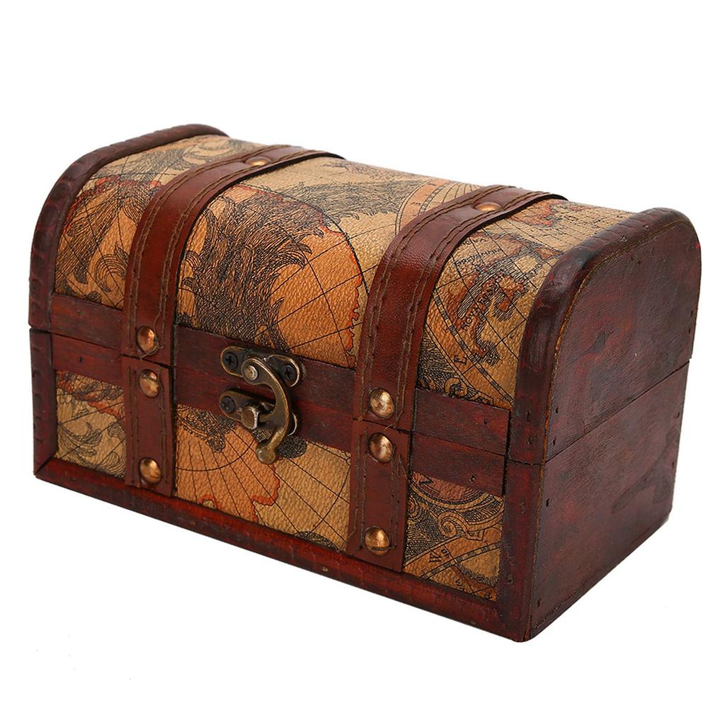 Vintage Wood Box Jewelry Storage Case Handmade Treasure Chest (Map)