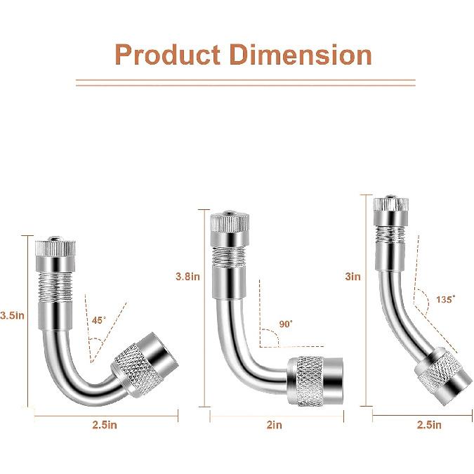 Valve Stem Extenders,4Pcs 7Inch/180mm Dual Flexible Stainless Steel Braided Valve Stem Extensions,6Pieces 45 90 135 Degree Brass Valve Adaptors for