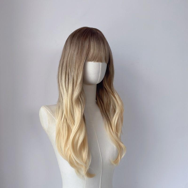 Womens Matte Hair Long Curly Wig With Bangs Rose Net Full Head Cover Daily Wear