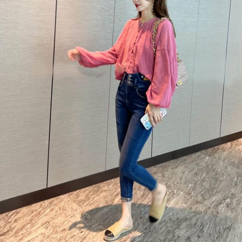 Spring and Summer New Simplicity Solid Color Trend Splicing Buttons Fashion Commuting Versatile Round Neck Long Sleeved Shirt