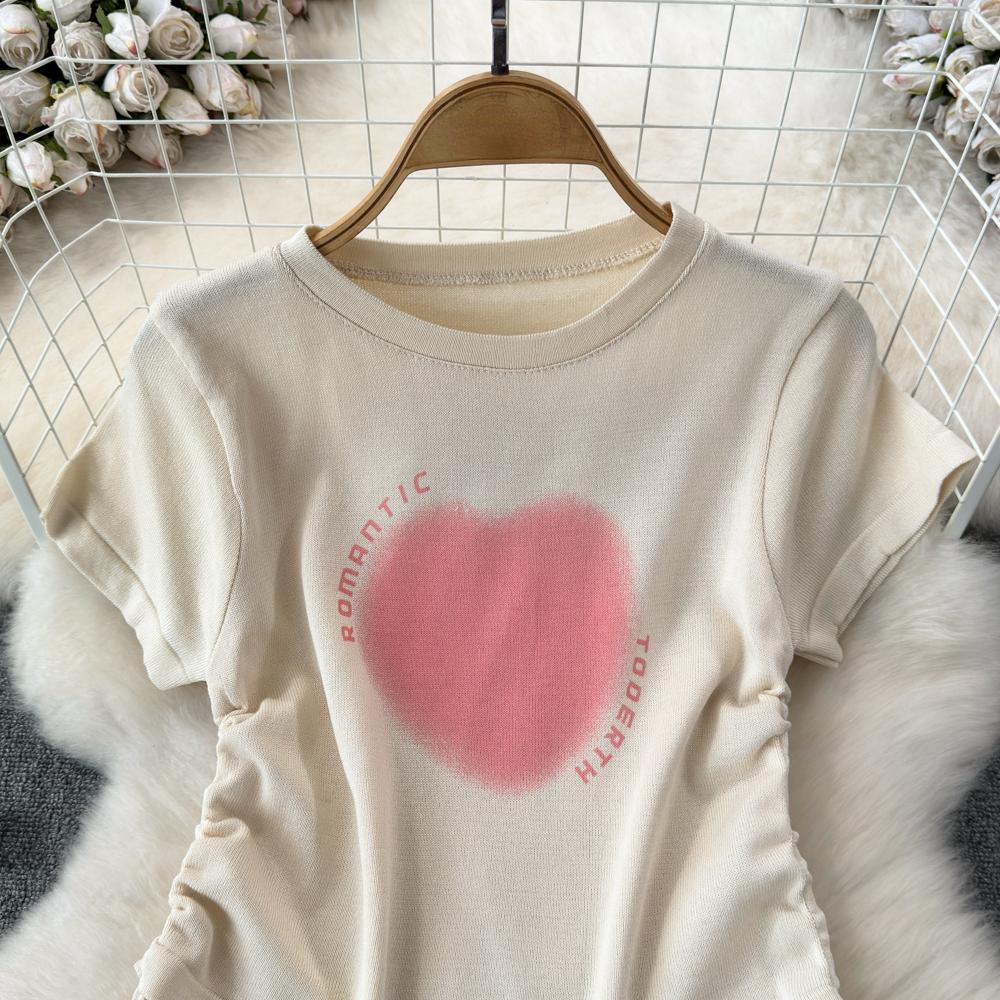 Summer New Heart Design Sweet Tops Spice Girl Round Neck Love Printing Drawstring T-shirt Casual Women Short Sleeve Fashion Blouse