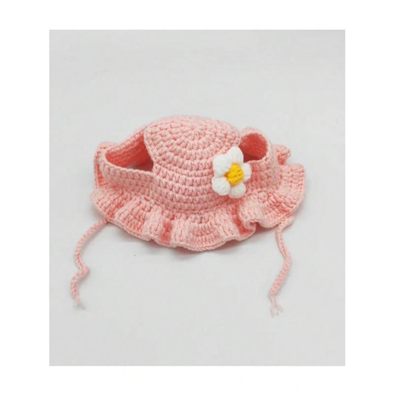 1pc Handmade Crochet Pet Hat With Small Flower Pattern, Suitable For Small And Medium Dogs Or Cats