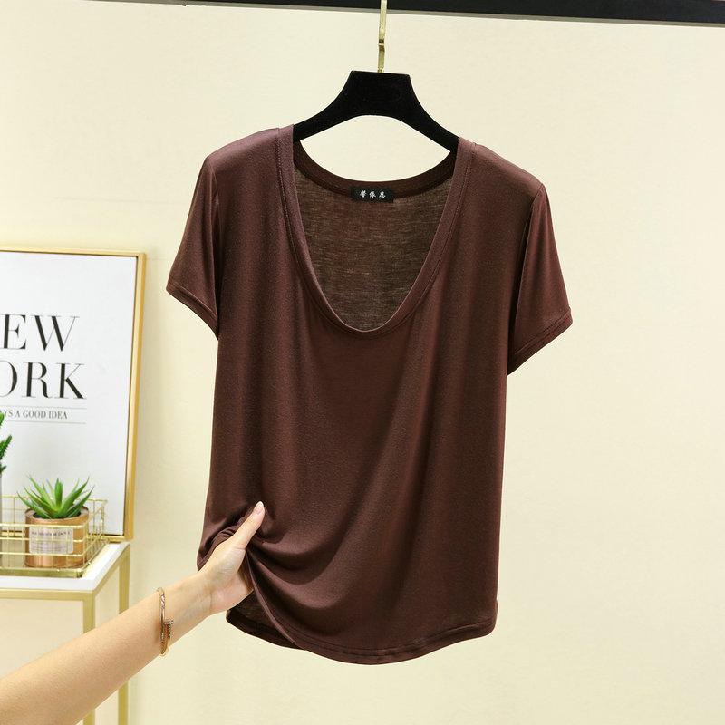 

Женский модальный топ с U-образным вырезом, рукавом 3/4, свободного кроя - однотонный, больших размеров, летняя футболка Large кофейный