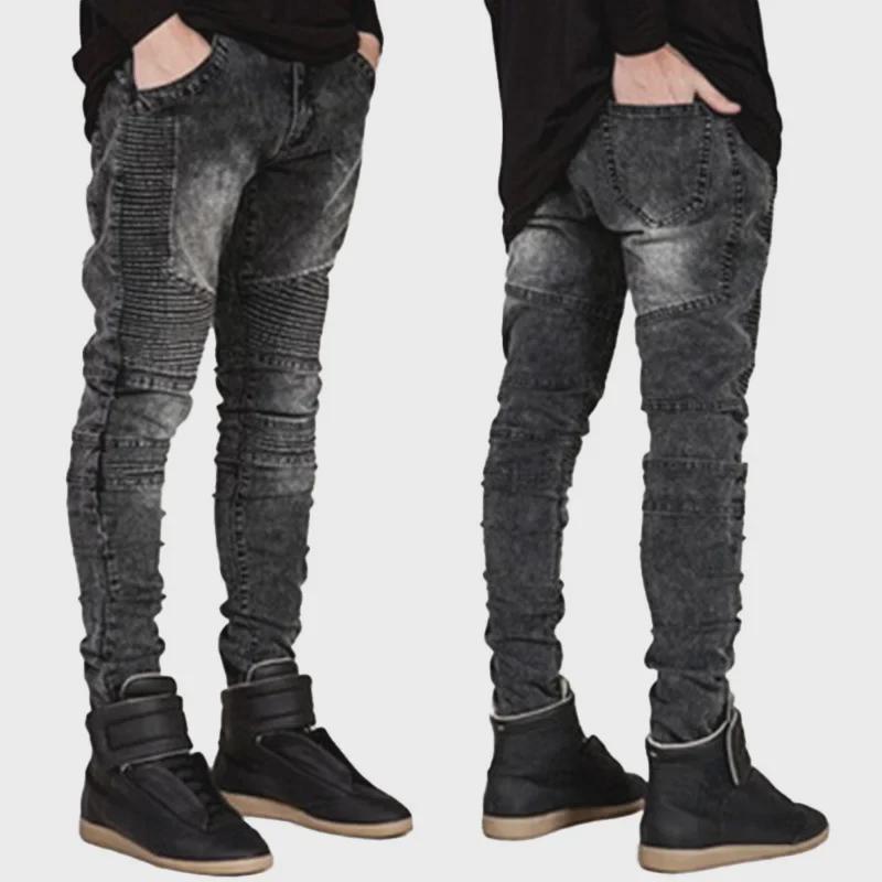 Trendy Slim-Fit Biker Jeans – Stylish Motorcycle Pants with Wrinkled Design for Cross-Border Fashion Enthusiasts