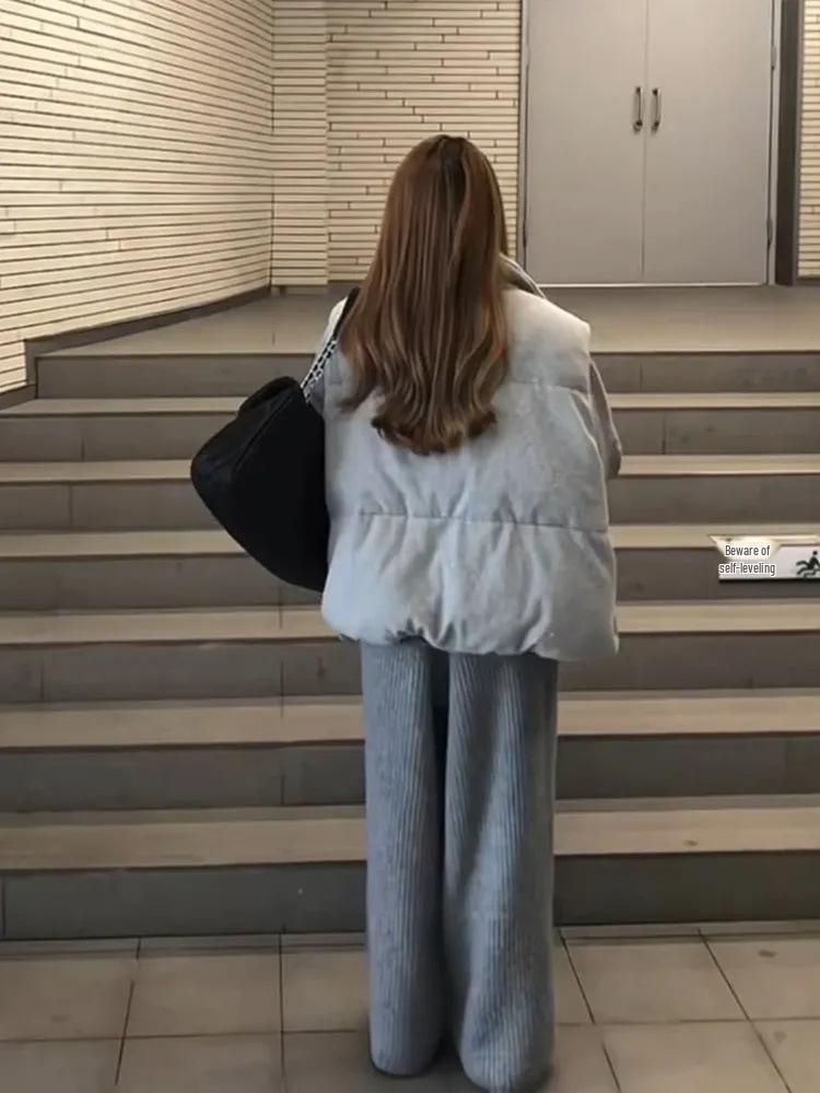 Retro Three-Piece Winter Set: Grey Knitted Cardigan, Warm Cotton Vest, and Cozy Pants
