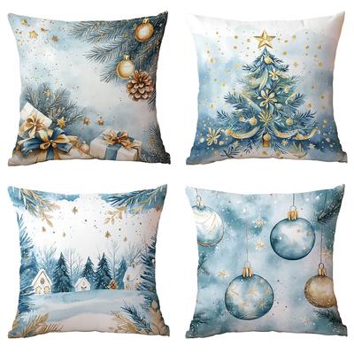 Nueva Funda de Cojín de Navidad Decoración Navideña para el Hogar Cojín Bolas de Navidad Azules Árbol de Navidad Escena de Nieve