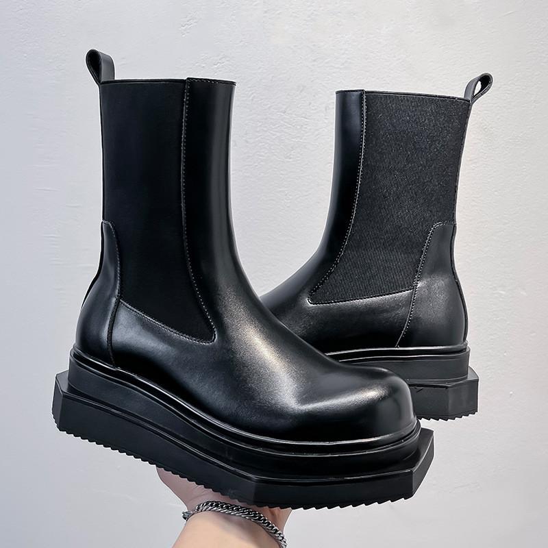 men fashion high chimney boots square toe original leather shoes stage nightclub long platform boot handsome motorcycle botas