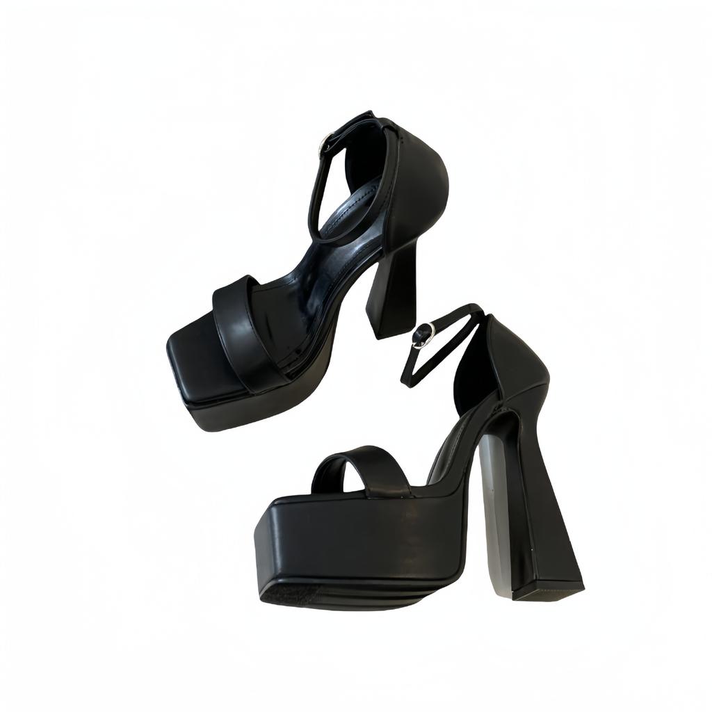 15Cm Thick Heel Waterproof Table Square Head One-word Buckle with High Heel Sandals Nightclub Sexy Catwalk Performance Shoes 2025 Summer