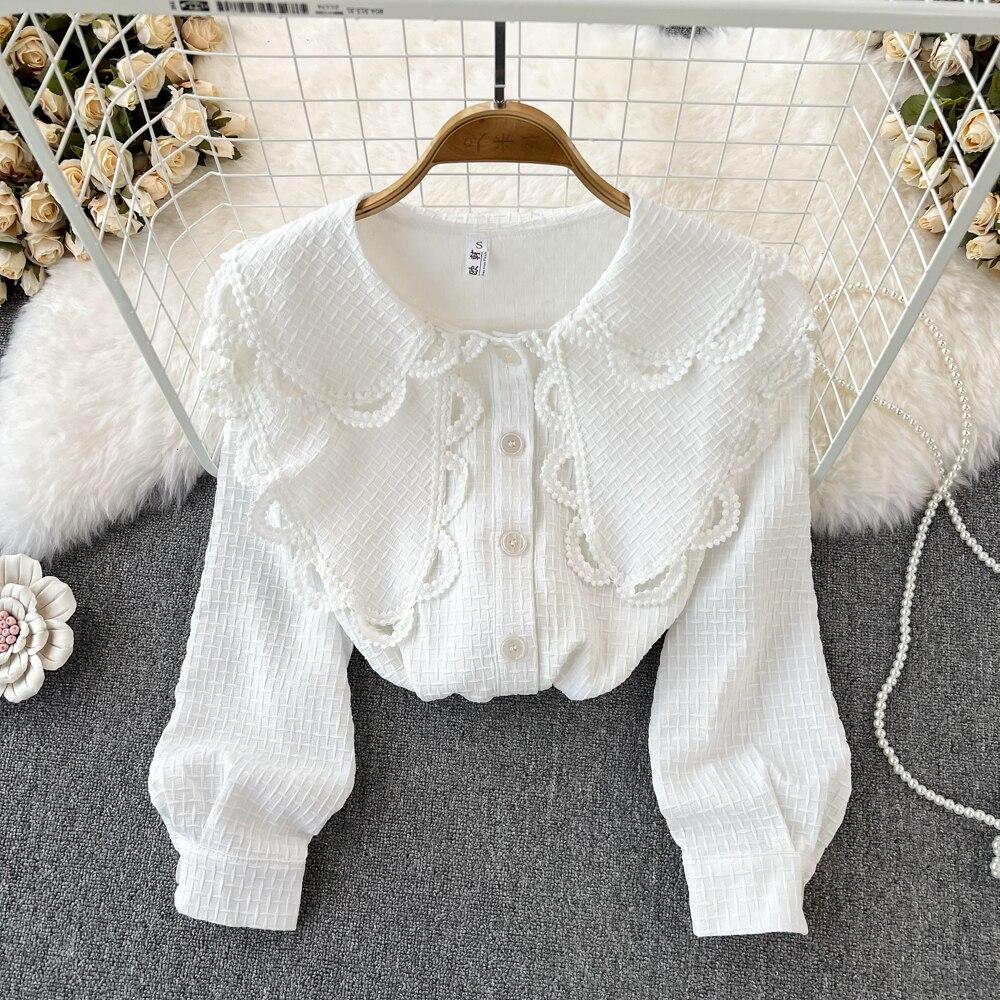 

Весенне-осенняя Свободная рубашка с кукольным воротником во французском стиле ретро, ​​женская повседневная универсальная милая однобортная футболка, уменьшающая возраст