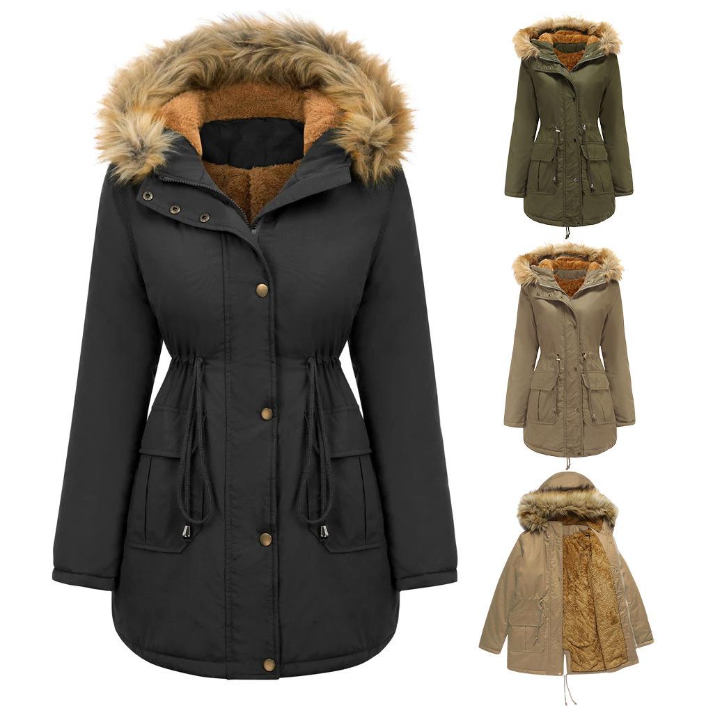 Outdoor Fleece Warm Padded Jacket Ladies Hooded Fur Collar Winter Thermal Jacket Padded Jacket