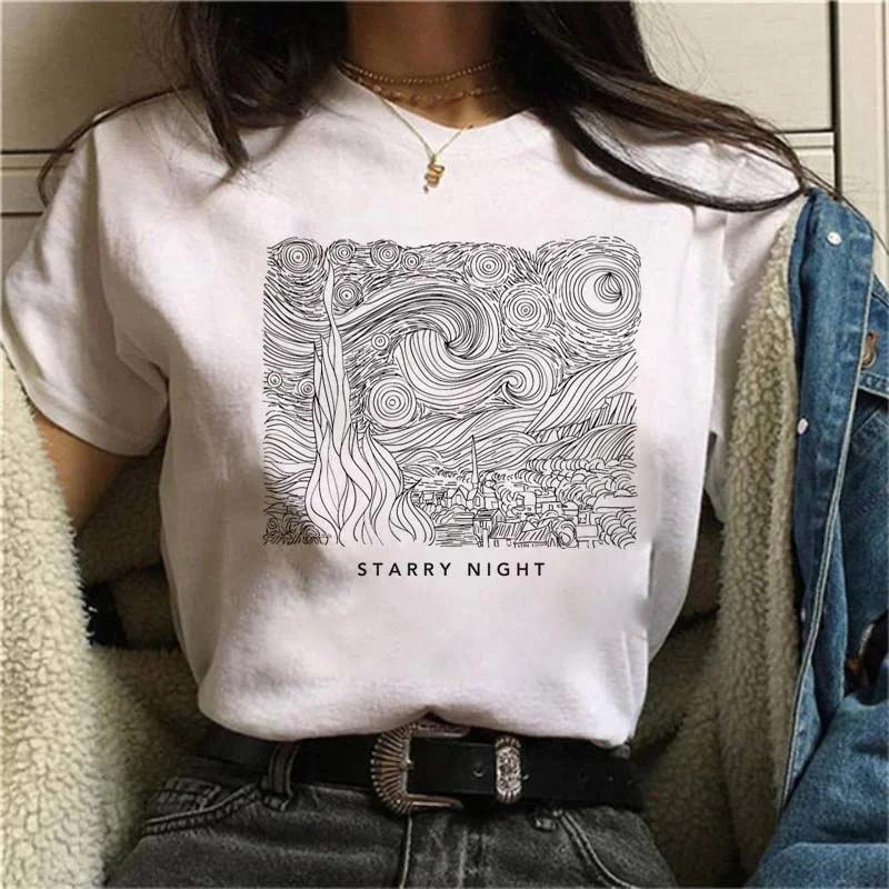 Harajuku Fun Black and White Painting Van Gogh Print Short Sleeve T-Shirt Round Neck Casual Women's Shirt Graphic T Shirts Y2K