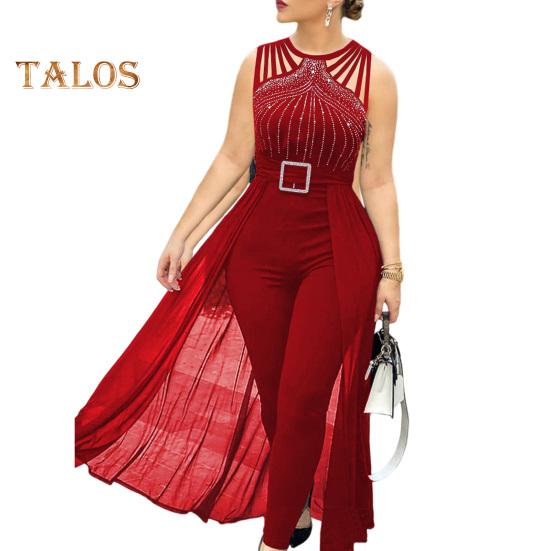 

Женский комбинезон с вырезами и пряжкой со стразами, сетчатый лоскутный плиссированный комбинезон без рукавов с высокой талией, чистый цвет, для официальных мероприятий, вечеринок, выпускного вечера, комбинезон M красный